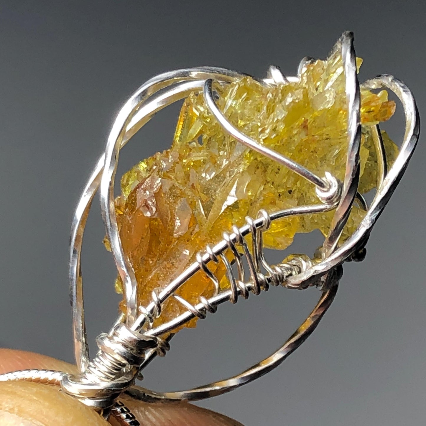 YELLOW ZINCITE and Silver Wire-Wrap Pendant with chain (UV Reactive)