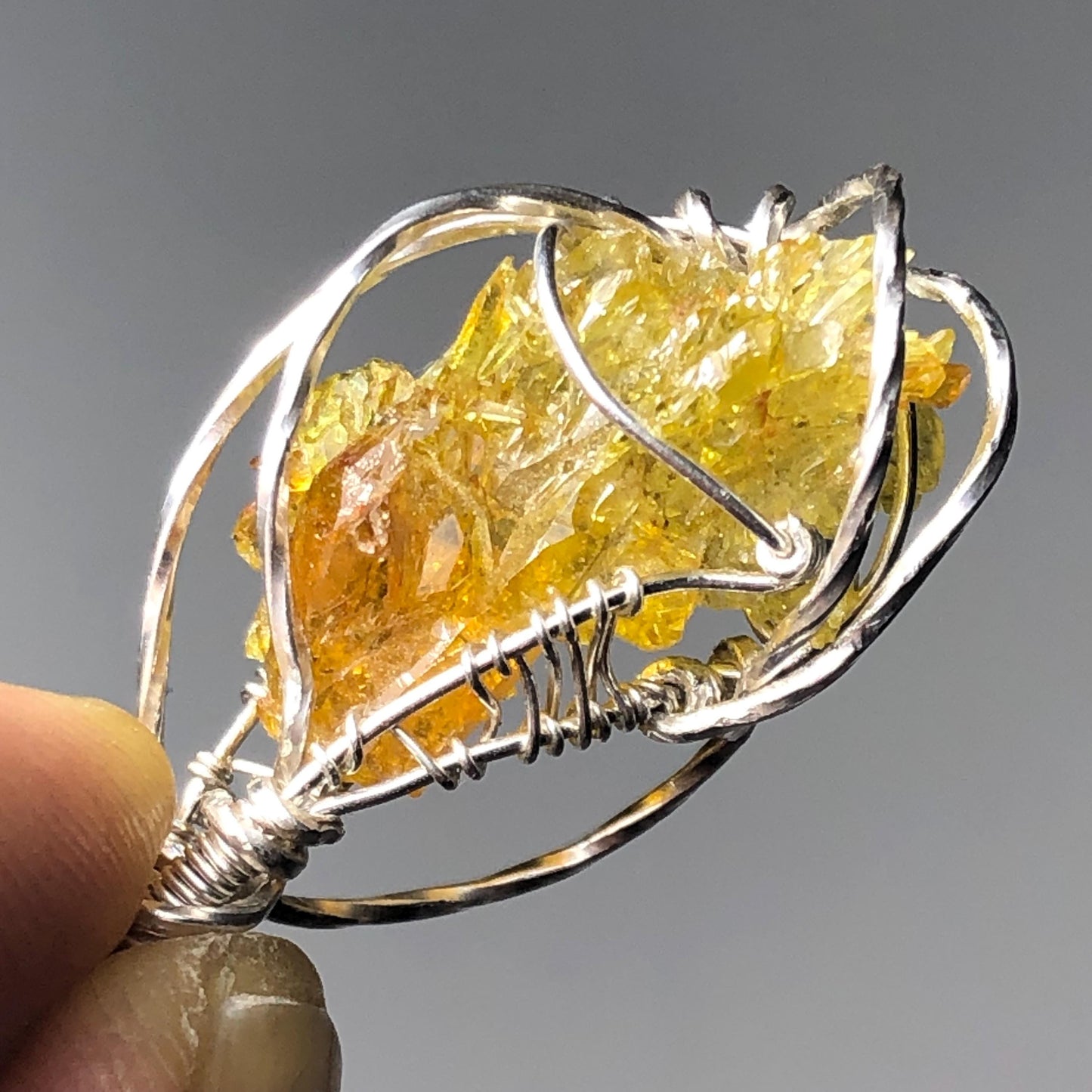 YELLOW ZINCITE and Silver Wire-Wrap Pendant with chain (UV Reactive)
