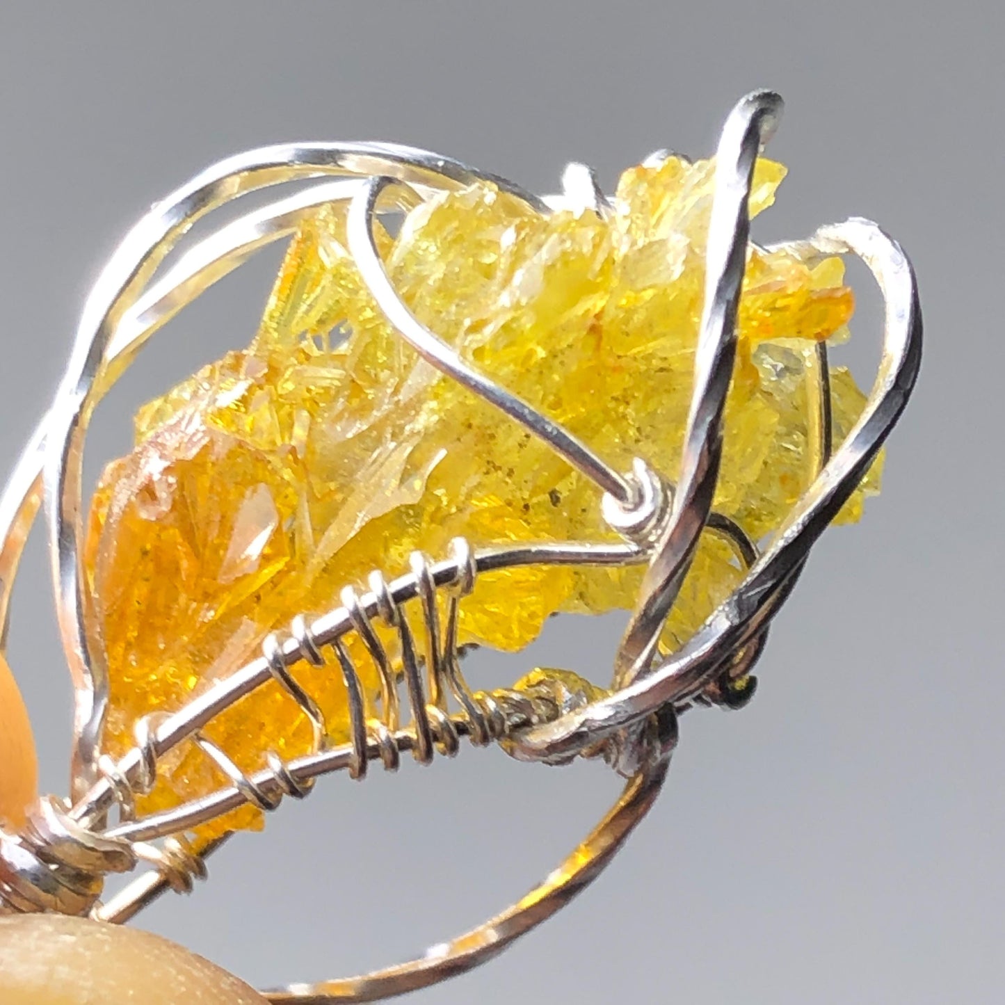 YELLOW ZINCITE and Silver Wire-Wrap Pendant with chain (UV Reactive)
