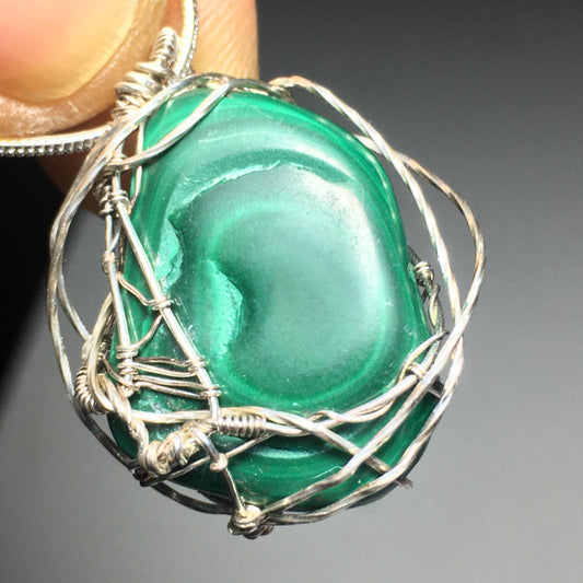 Natural Malachite Silver Wire-wrap Pendant on Chain