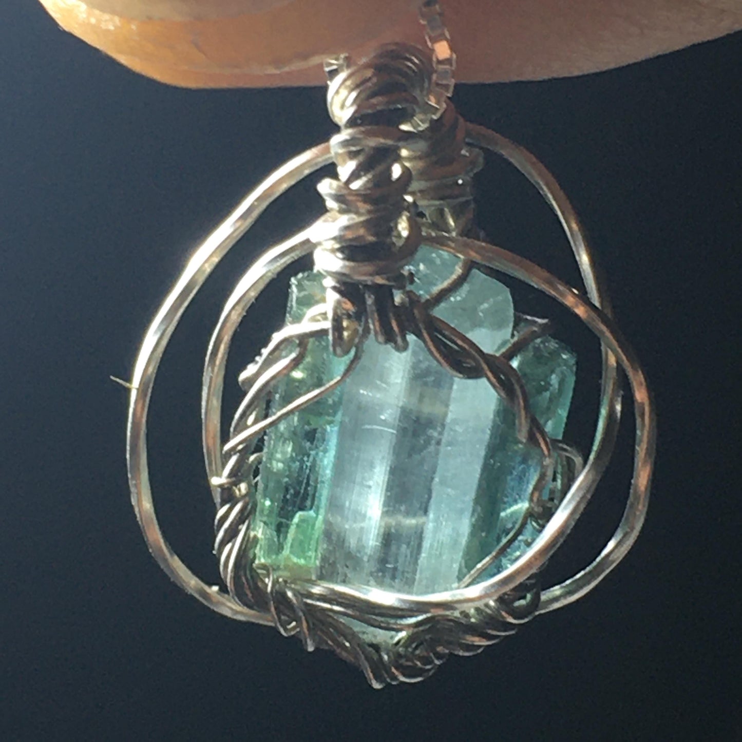 Triple Blue Green Tourmaline Pendant solid Silver Wire-Wrap Jewelry