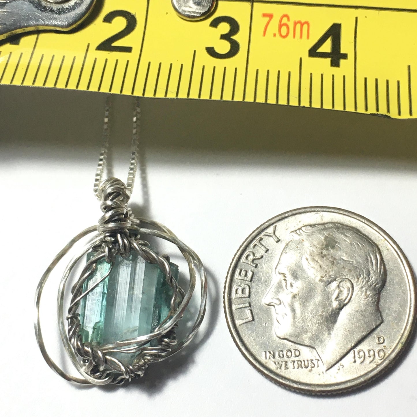 Triple Blue Green Tourmaline Pendant solid Silver Wire-Wrap Jewelry