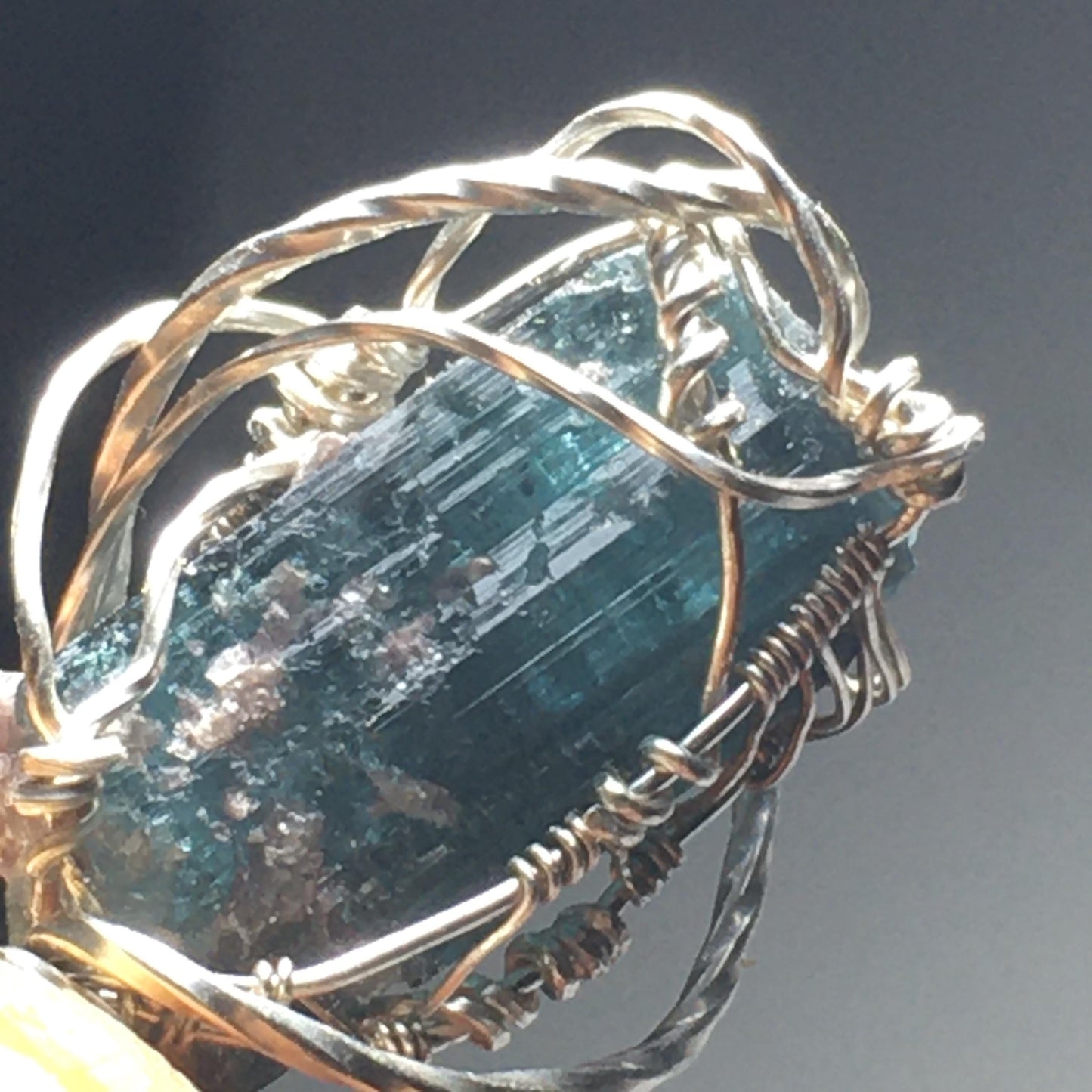 Big Blue Tourmaline Gem Indicolite with Lepidolite Pendant Solid Silver Wire-Wrap Jewelry