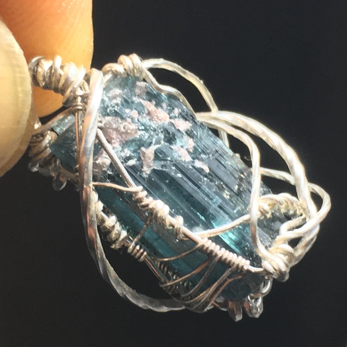 Big Blue Tourmaline Gem Indicolite with Lepidolite Pendant Solid Silver Wire-Wrap Jewelry