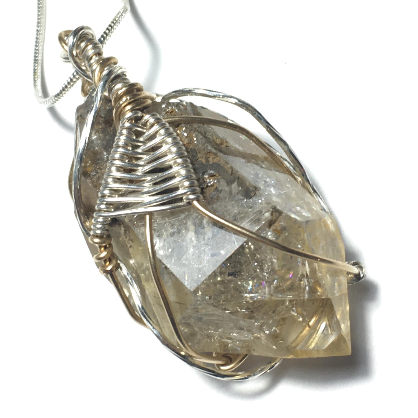 Big Golden Rainbow Herkimer Diamond Pendant - Silver/Gold Double-Terminated