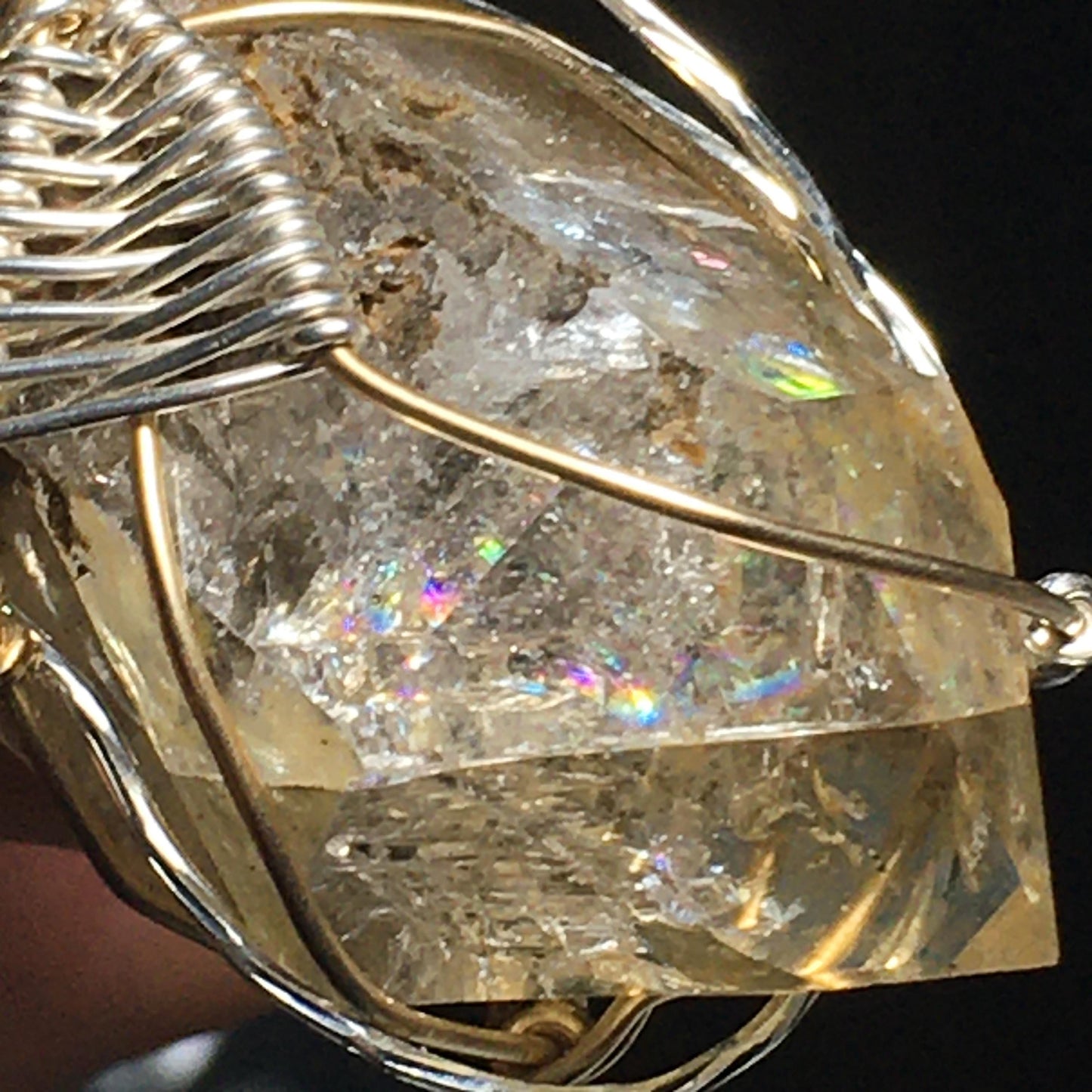 Big Golden Rainbow Herkimer Diamond Pendant - Silver/Gold Double-Terminated