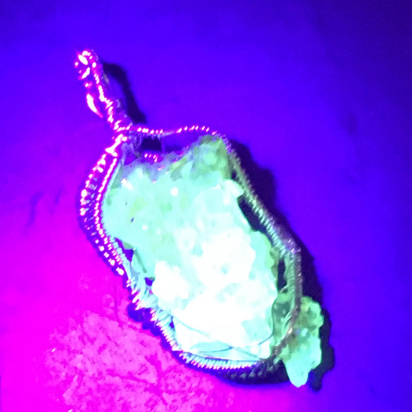 Green Zincite Crystal and Silver Pendant with Chain UV Reactive