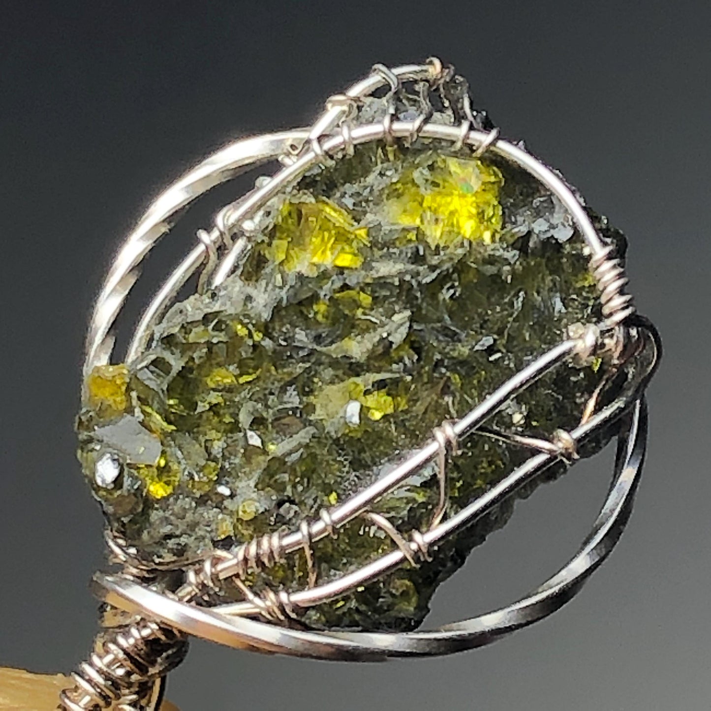 Green and Blue Zincite and Silver Pendant with chain (Chamunda Mantra Infused)