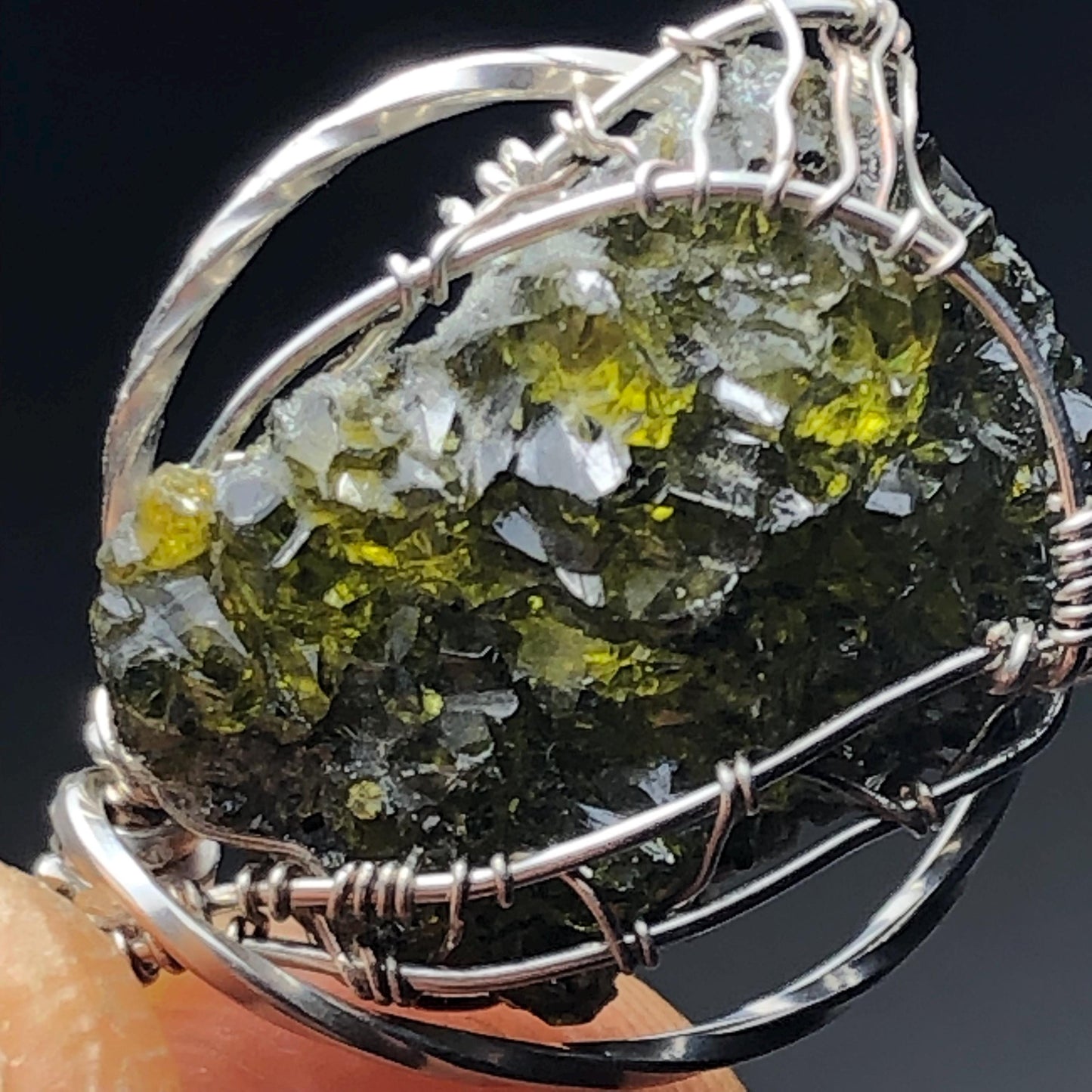 Green and Blue Zincite and Silver Pendant with chain (Chamunda Mantra Infused)