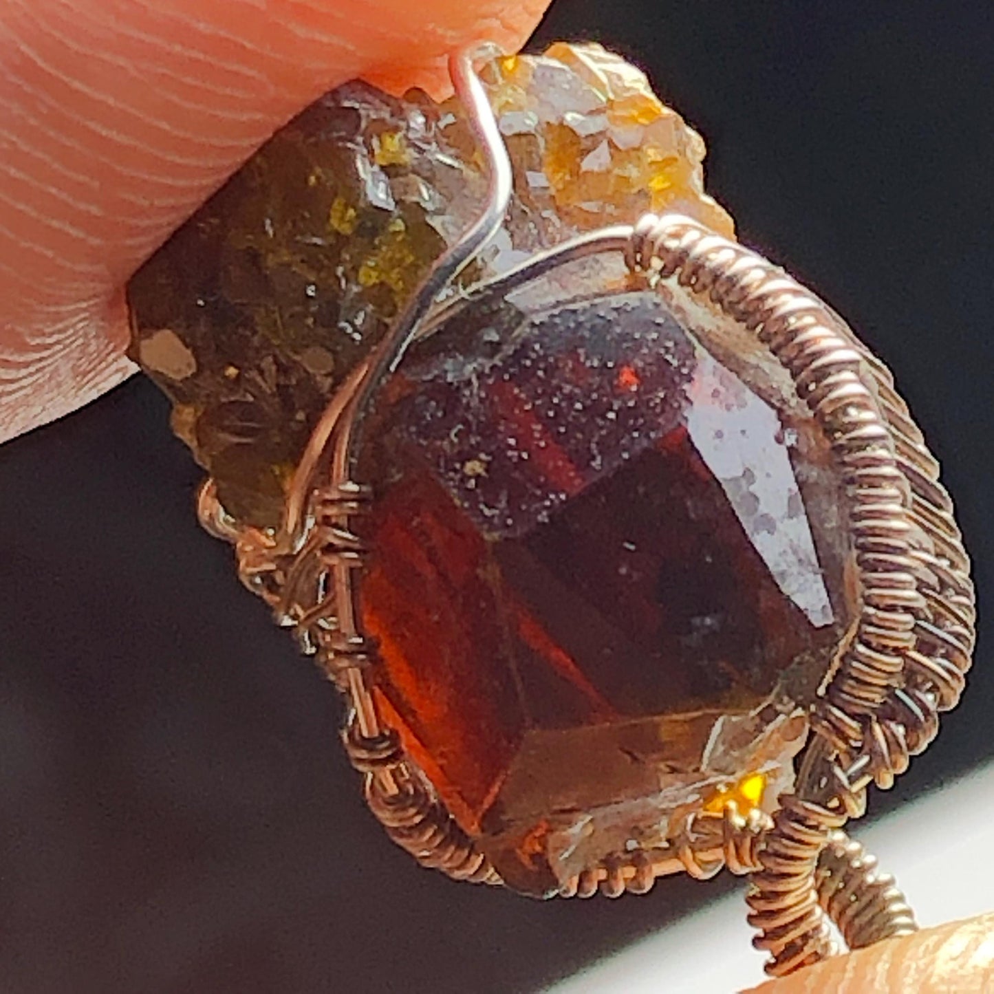 RED - AMBER  ZINCITE and Silver Wire-Wrap Pendant with chain