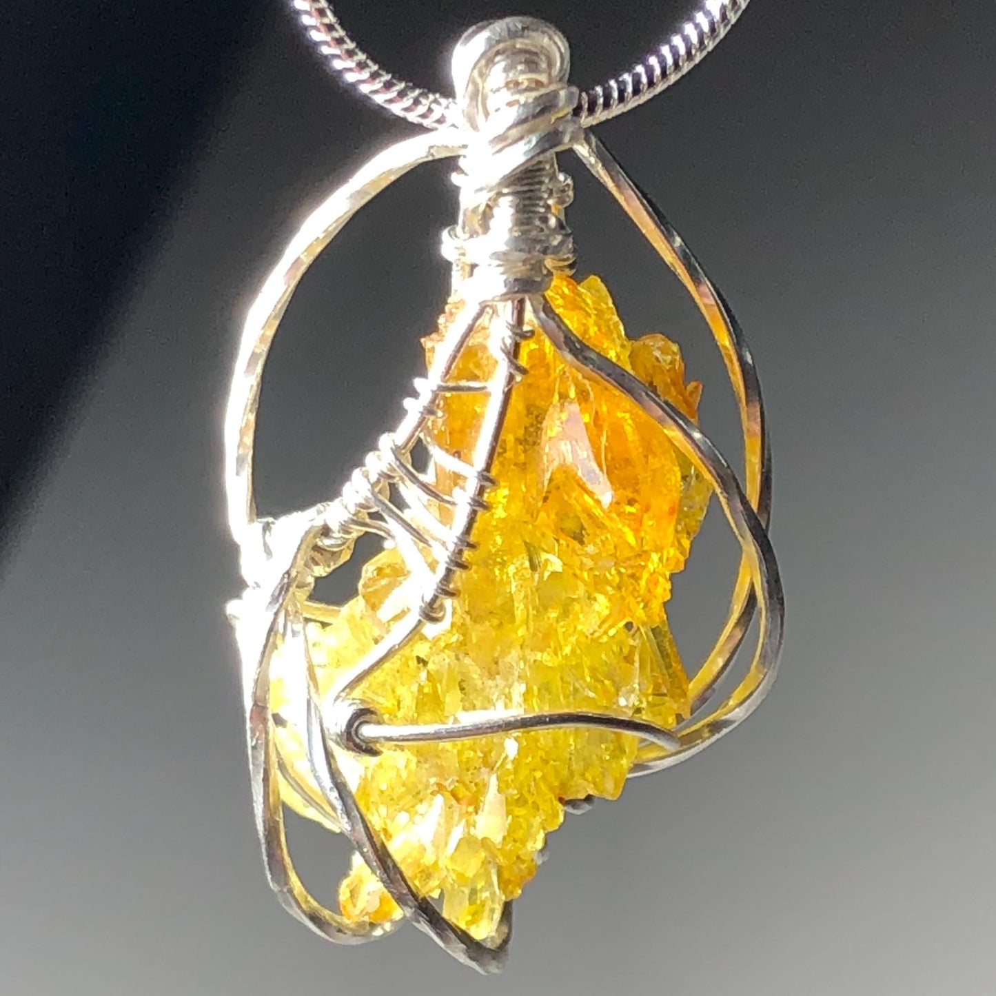 YELLOW ZINCITE and Silver Wire-Wrap Pendant with chain (UV Reactive)