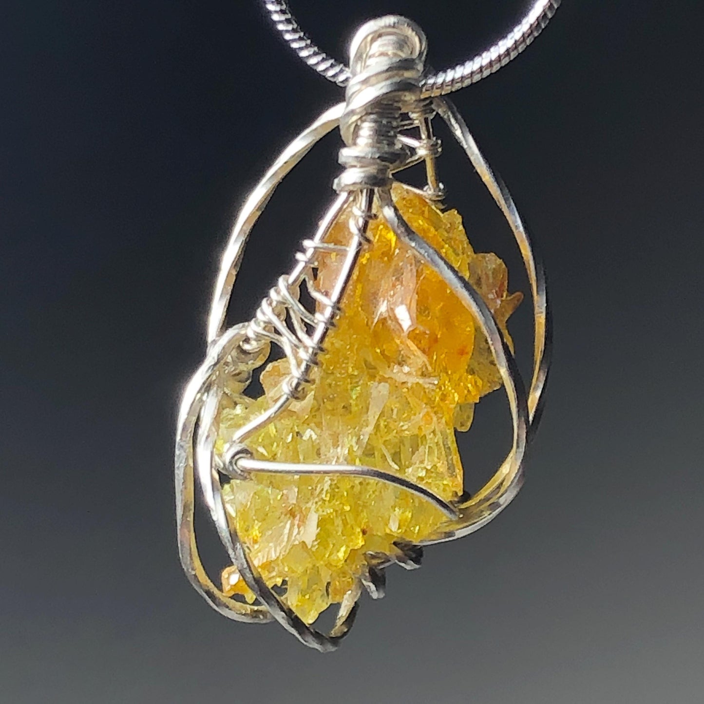 YELLOW ZINCITE and Silver Wire-Wrap Pendant with chain (UV Reactive)