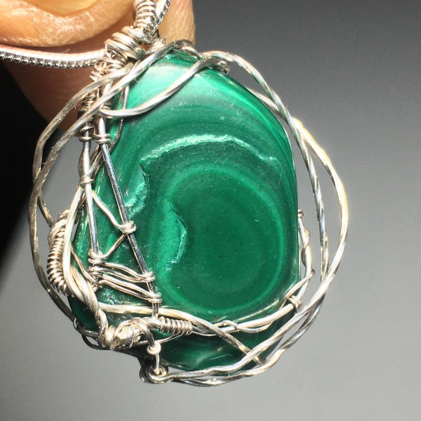 Natural Malachite Silver Wire-wrap Pendant on Chain