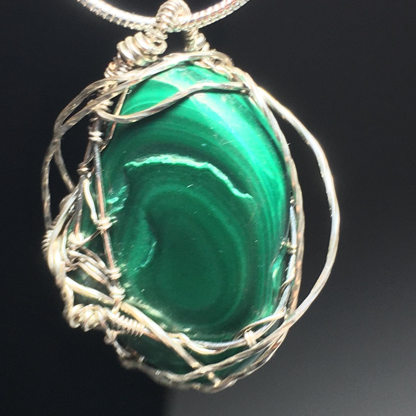 Natural Malachite Silver Wire-wrap Pendant on Chain