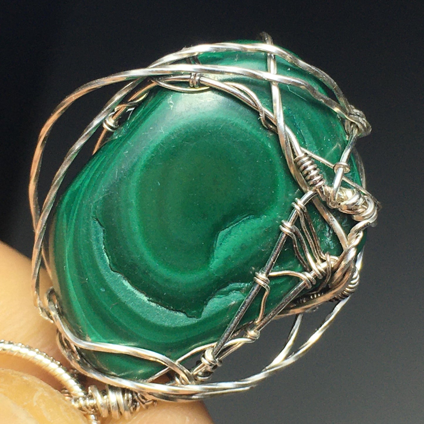 Natural Malachite Silver Wire-wrap Pendant on Chain