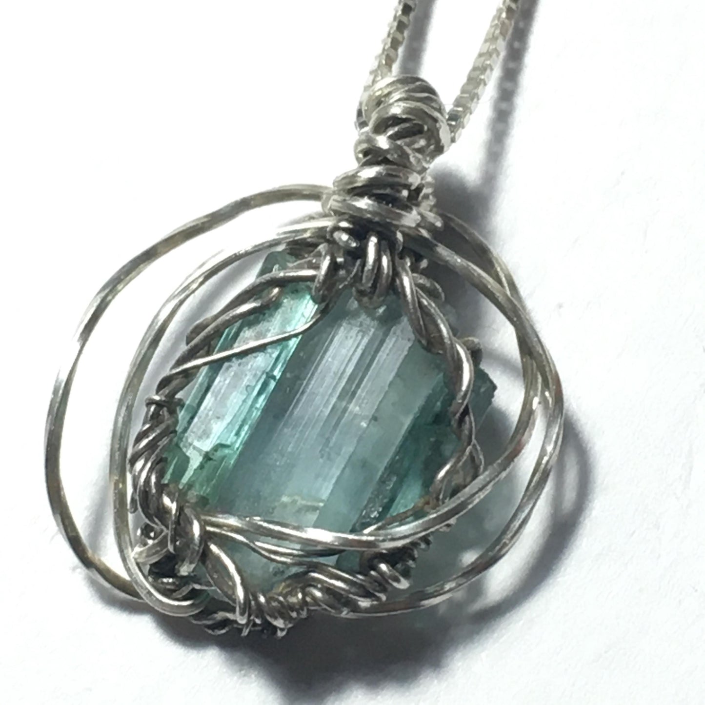 Triple Blue Green Tourmaline Pendant solid Silver Wire-Wrap Jewelry