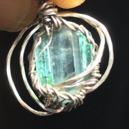 Triple Blue Green Tourmaline Pendant solid Silver Wire-Wrap Jewelry