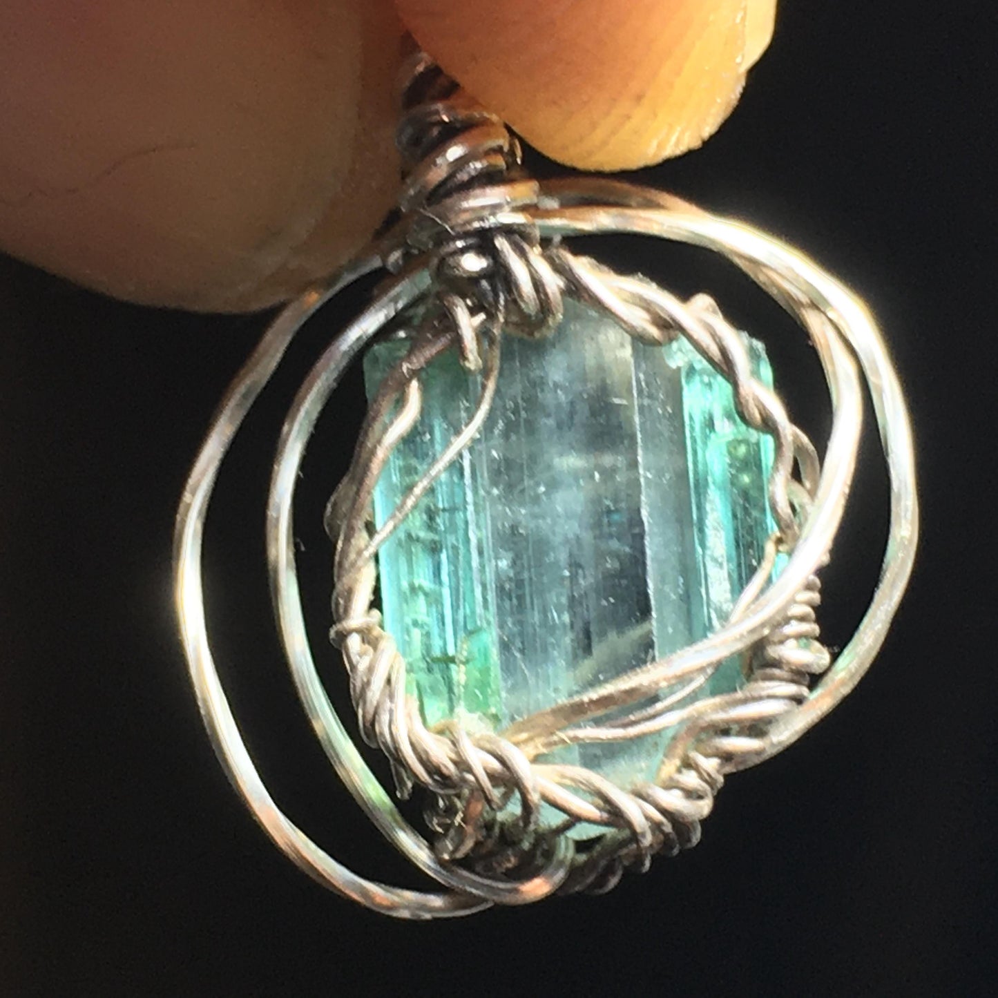 Triple Blue Green Tourmaline Pendant solid Silver Wire-Wrap Jewelry
