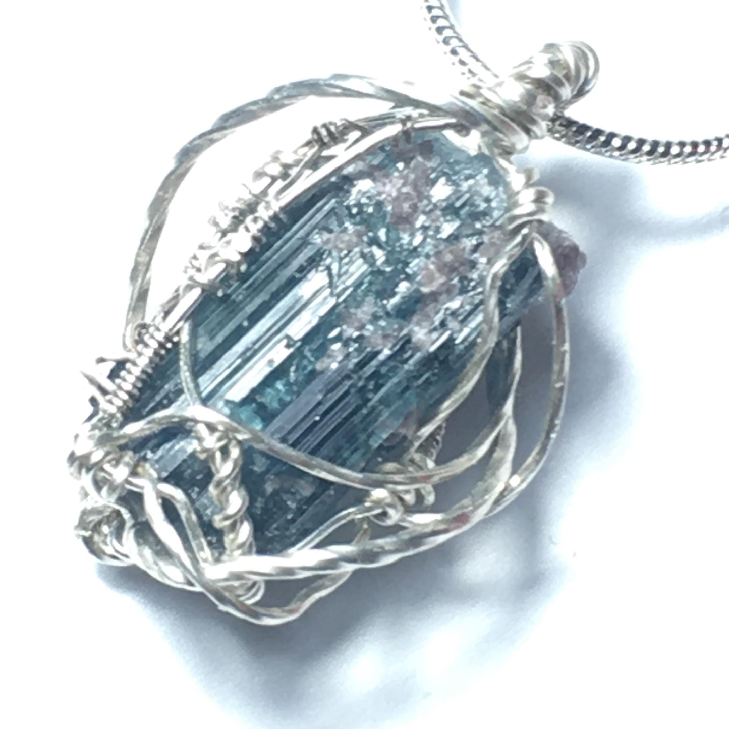 Big Blue Tourmaline Gem Indicolite with Lepidolite Pendant Solid Silver Wire-Wrap Jewelry