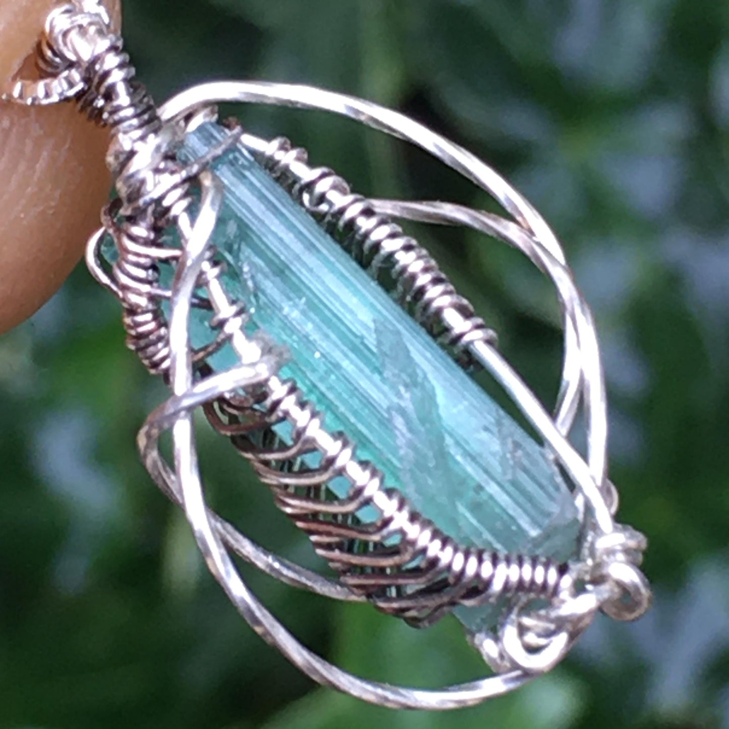 Big Blue Tourmaline Gem Indicolite Pendant Solid Silver Wire-Wrap Jewelry