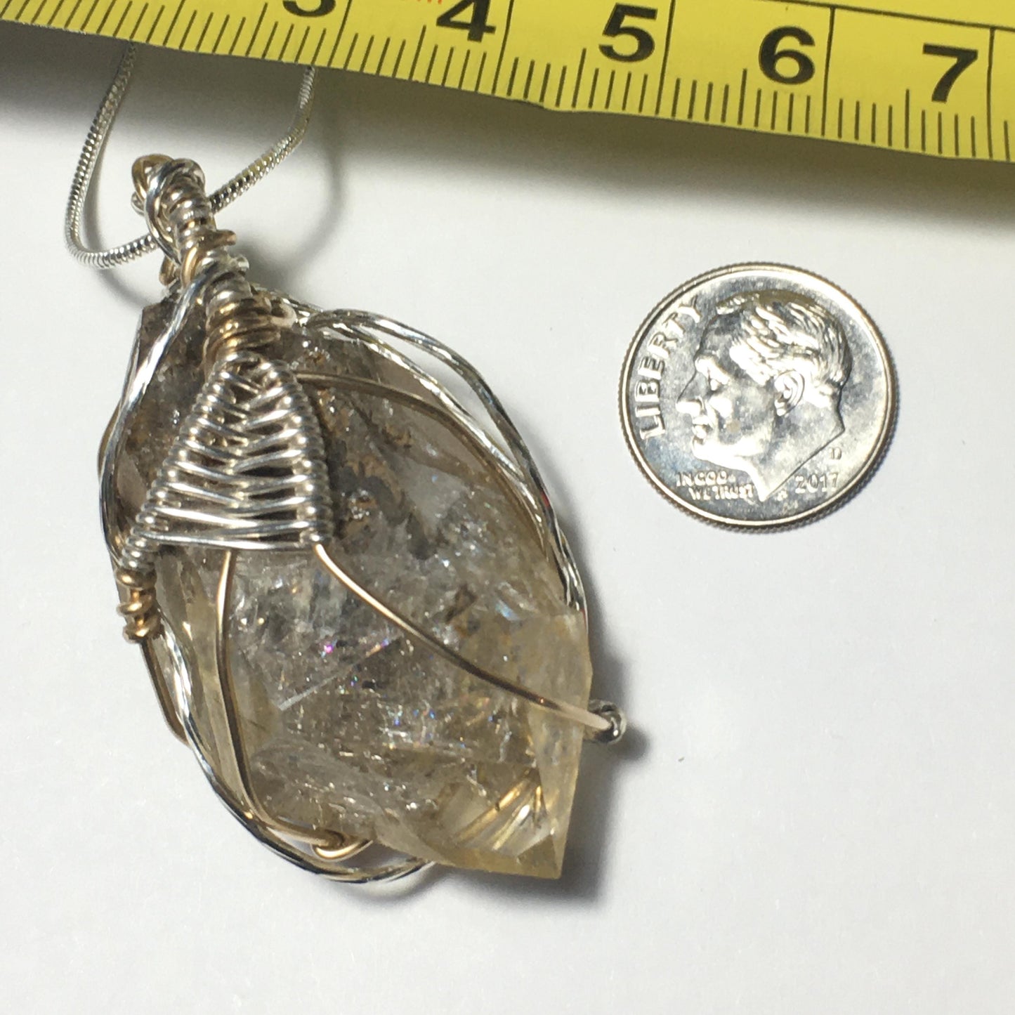 Big Golden Rainbow Herkimer Diamond Pendant - Silver/Gold Double-Terminated
