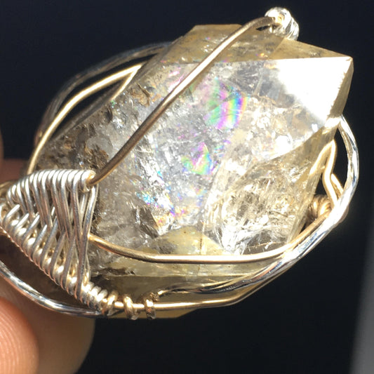 Big Golden Rainbow Herkimer Diamond Pendant - Silver/Gold Double-Terminated
