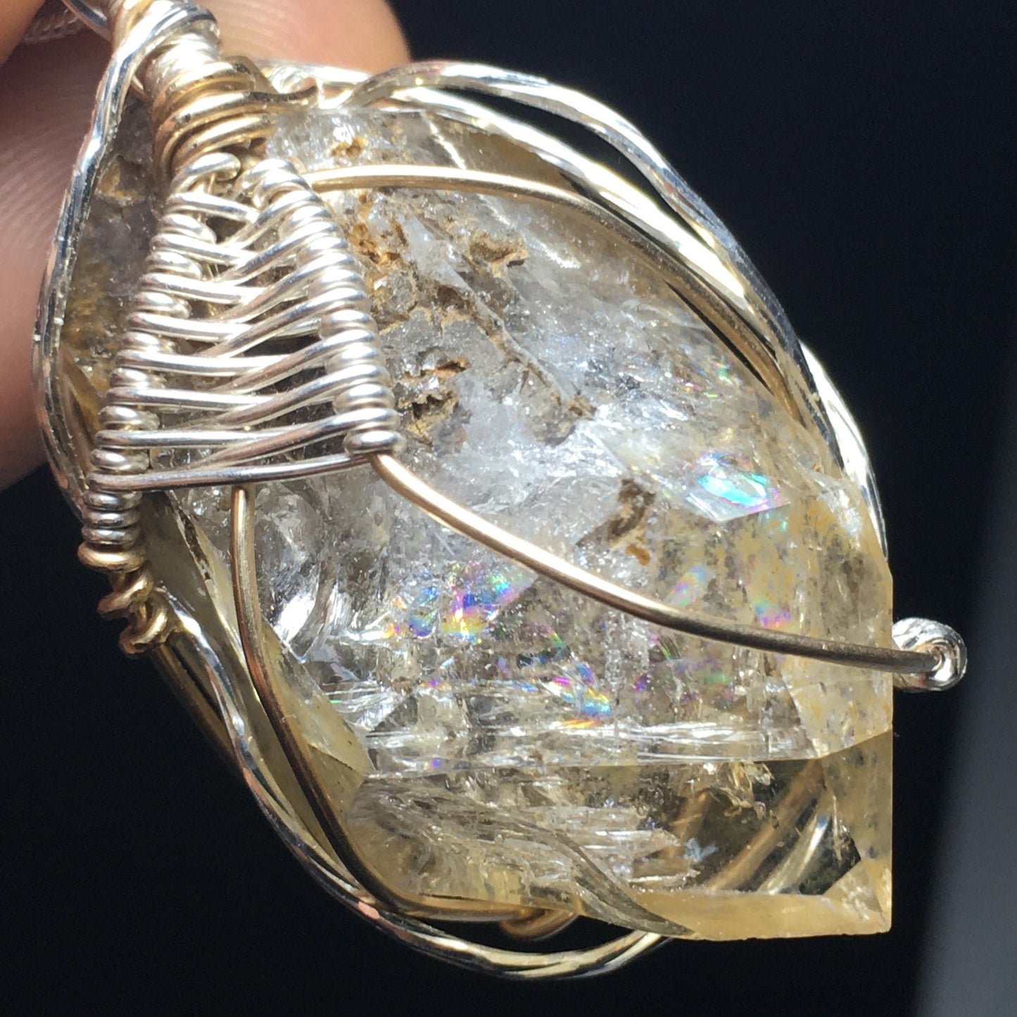 Big Golden Rainbow Herkimer Diamond Pendant - Silver/Gold Double-Terminated