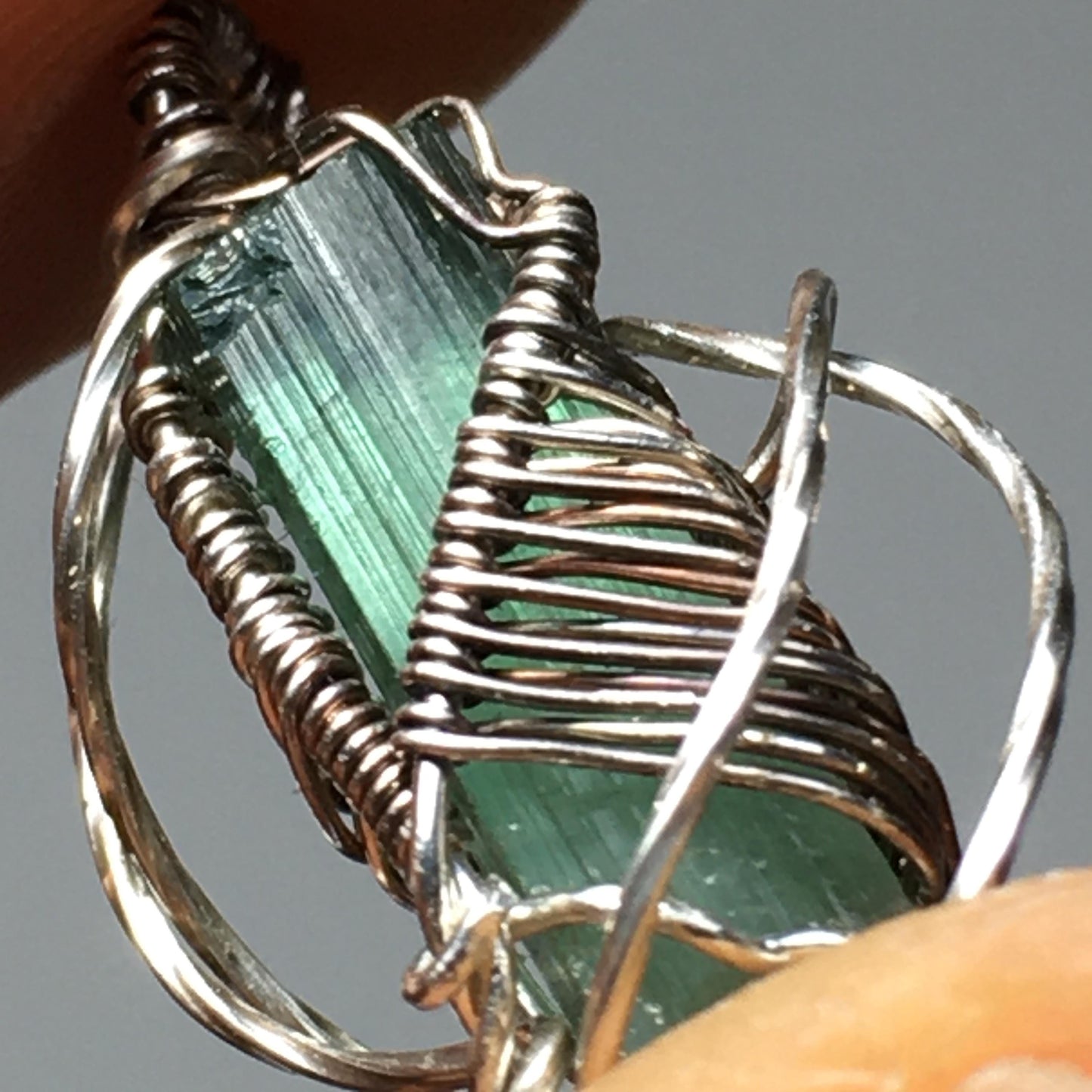 Big Blue Tourmaline Gem Indicolite Pendant Solid Silver Wire-Wrap Jewelry