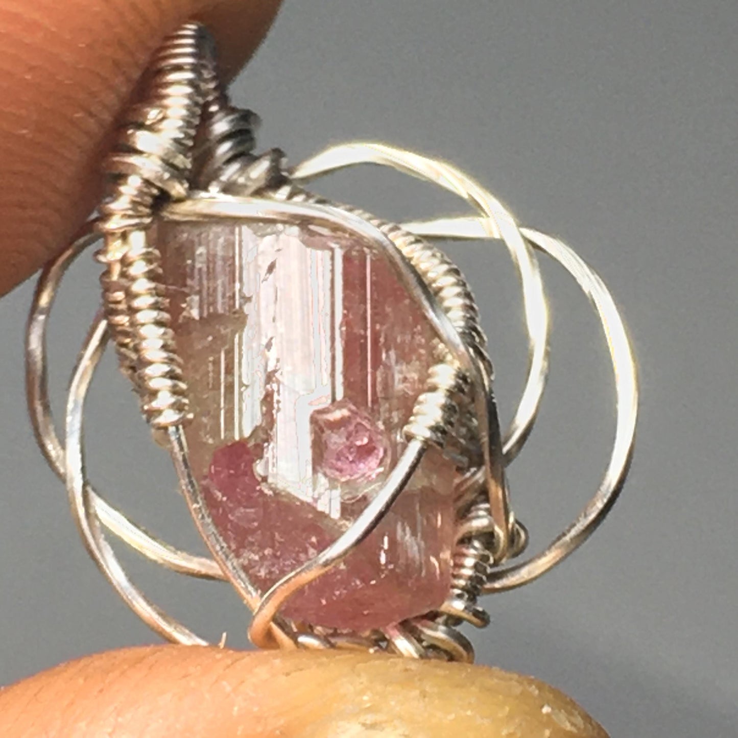 Watermelon Tourmaline and Silver Handmade Wire-Wrap Pendant