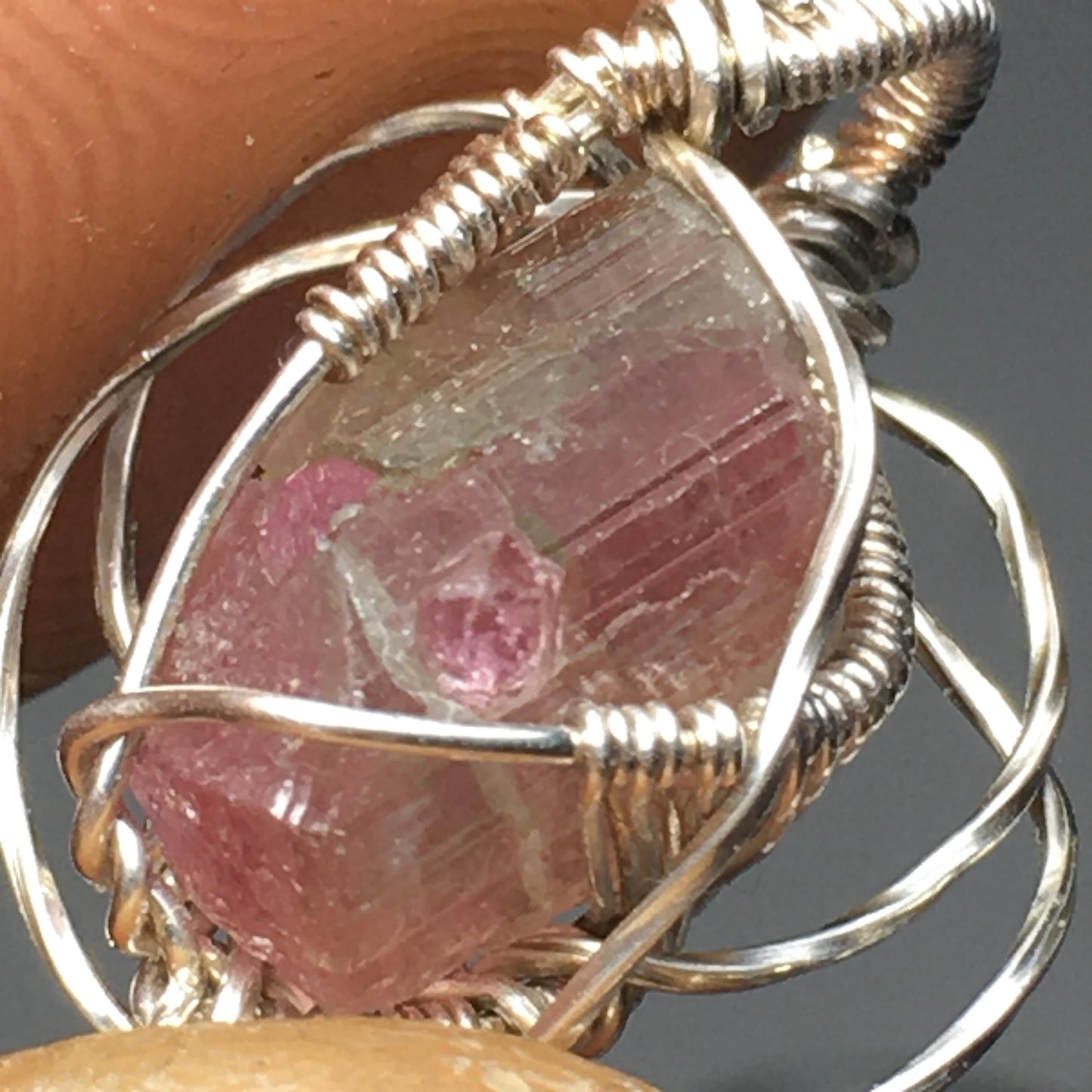 Watermelon Tourmaline and Silver Handmade Wire-Wrap Pendant
