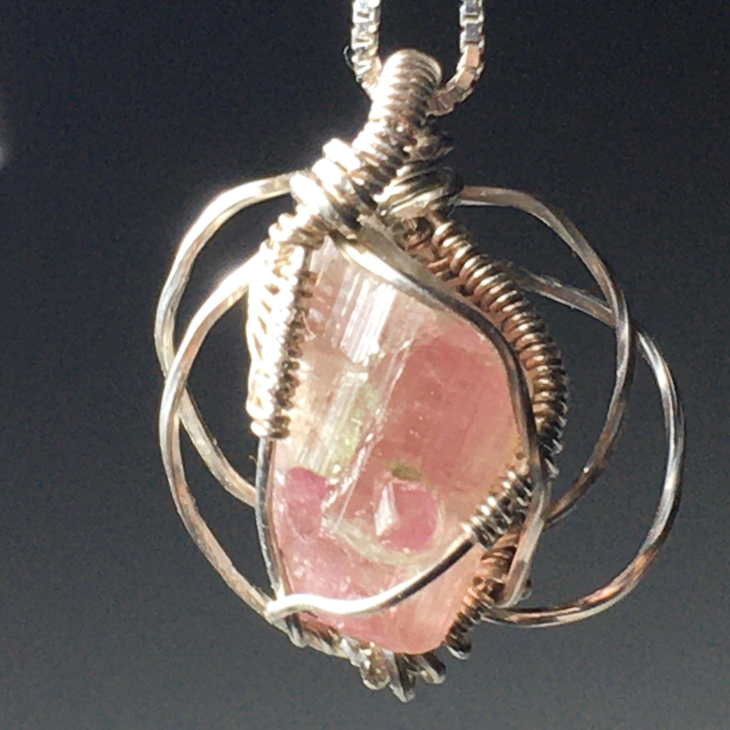 Watermelon Tourmaline and Silver Handmade Wire-Wrap Pendant