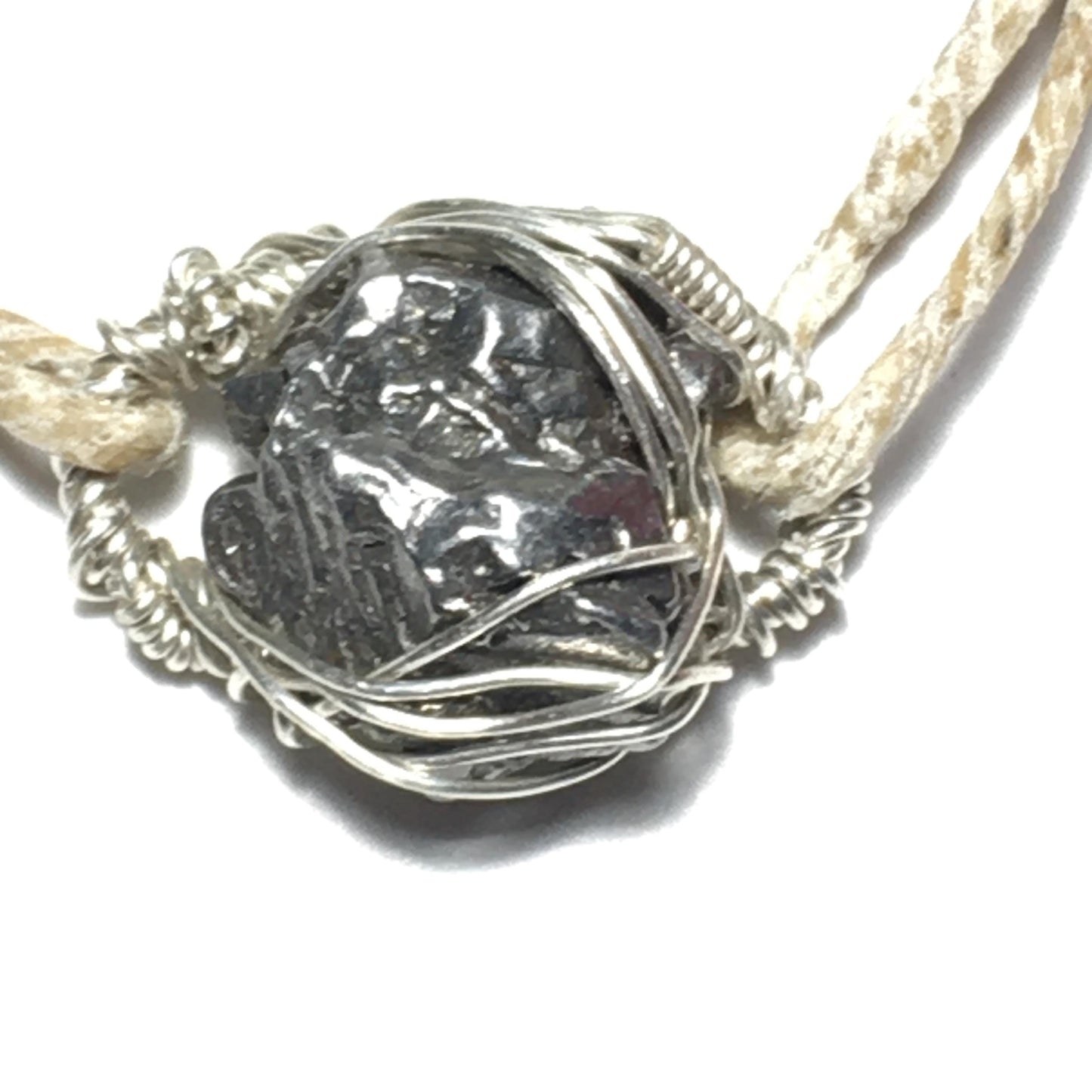 Double-Sided - Pendant Bracelet Ring Bead Campo Del Cielo - Meteorite on Solid 925 Silver Wire-Wrap