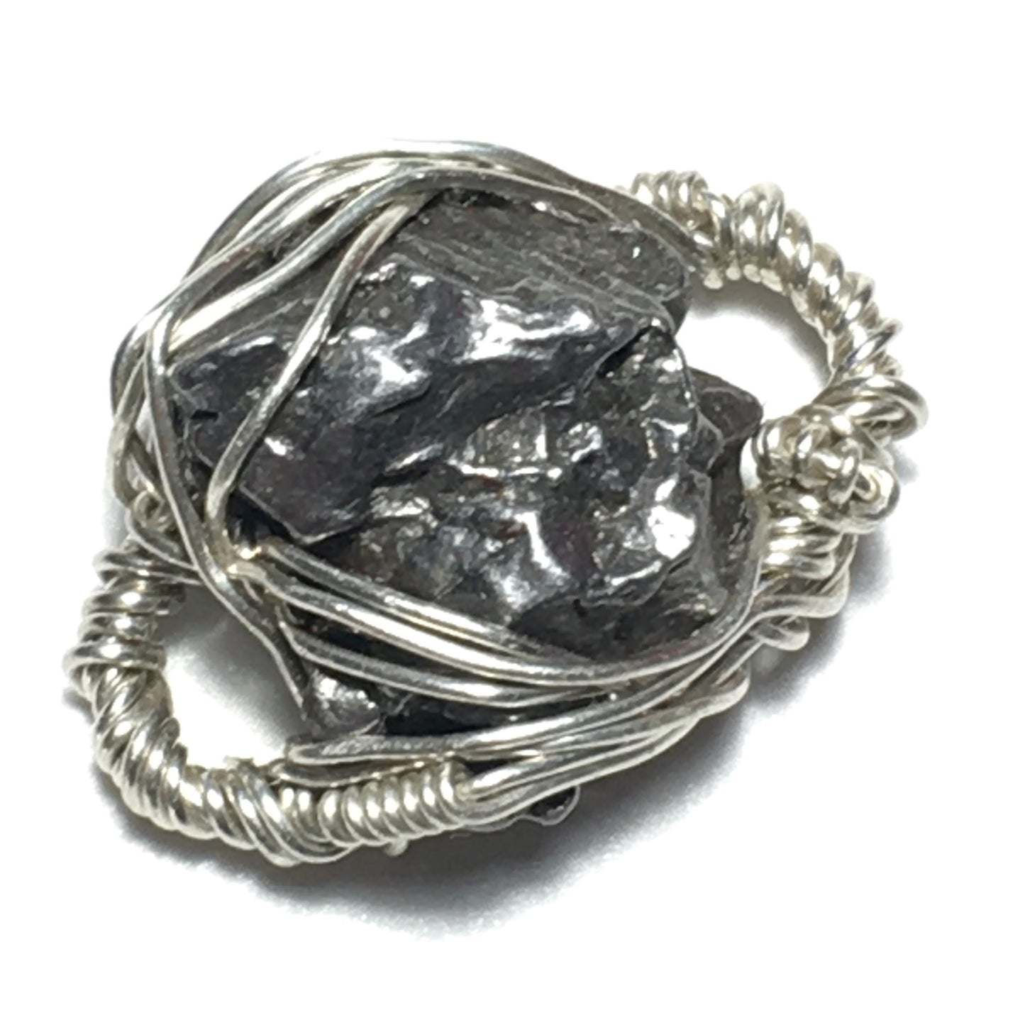 Double-Sided - Pendant Bracelet Ring Bead Campo Del Cielo - Meteorite on Solid 925 Silver Wire-Wrap