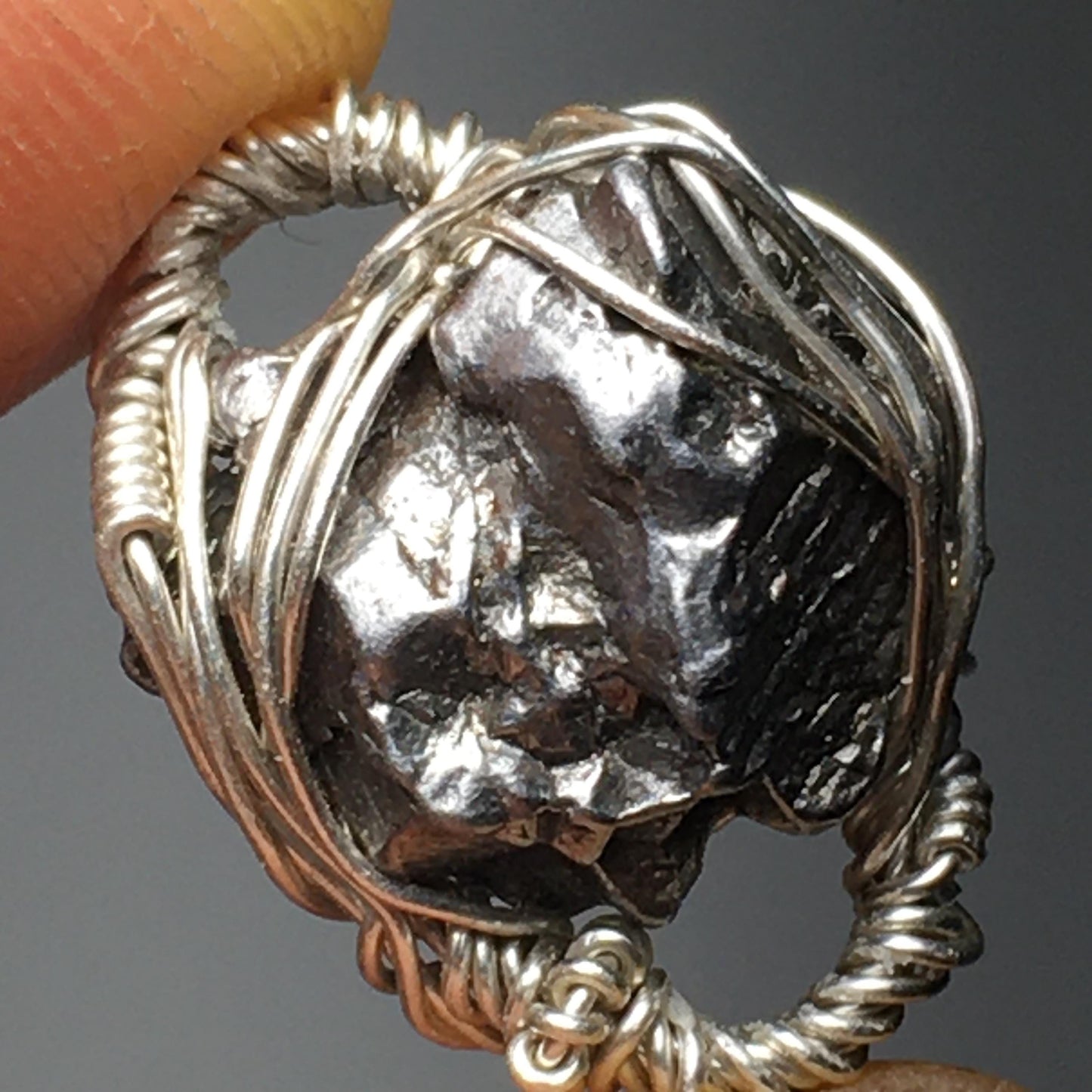 Double-Sided - Pendant Bracelet Ring Bead Campo Del Cielo - Meteorite on Solid 925 Silver Wire-Wrap