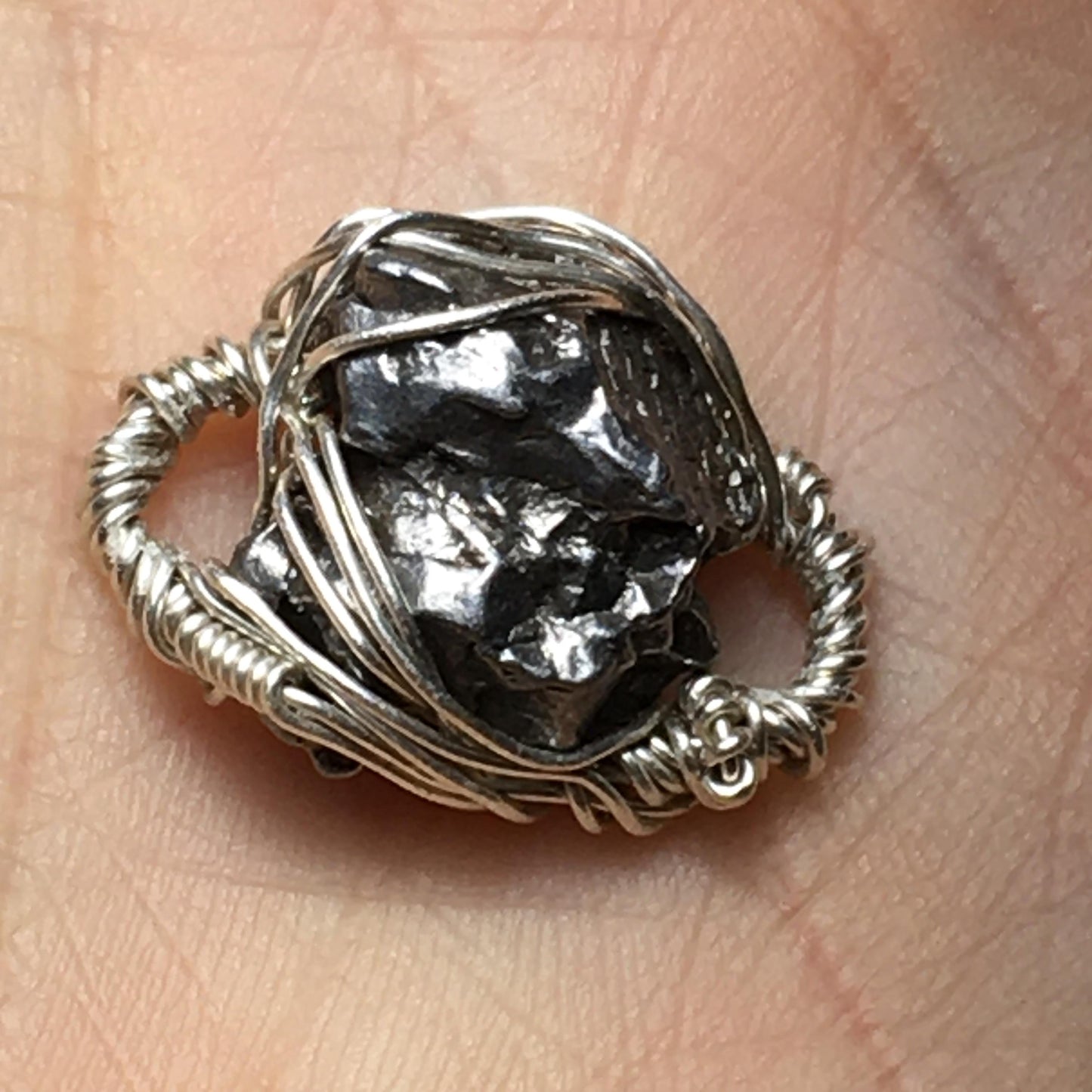 Double-Sided - Pendant Bracelet Ring Bead Campo Del Cielo - Meteorite on Solid 925 Silver Wire-Wrap