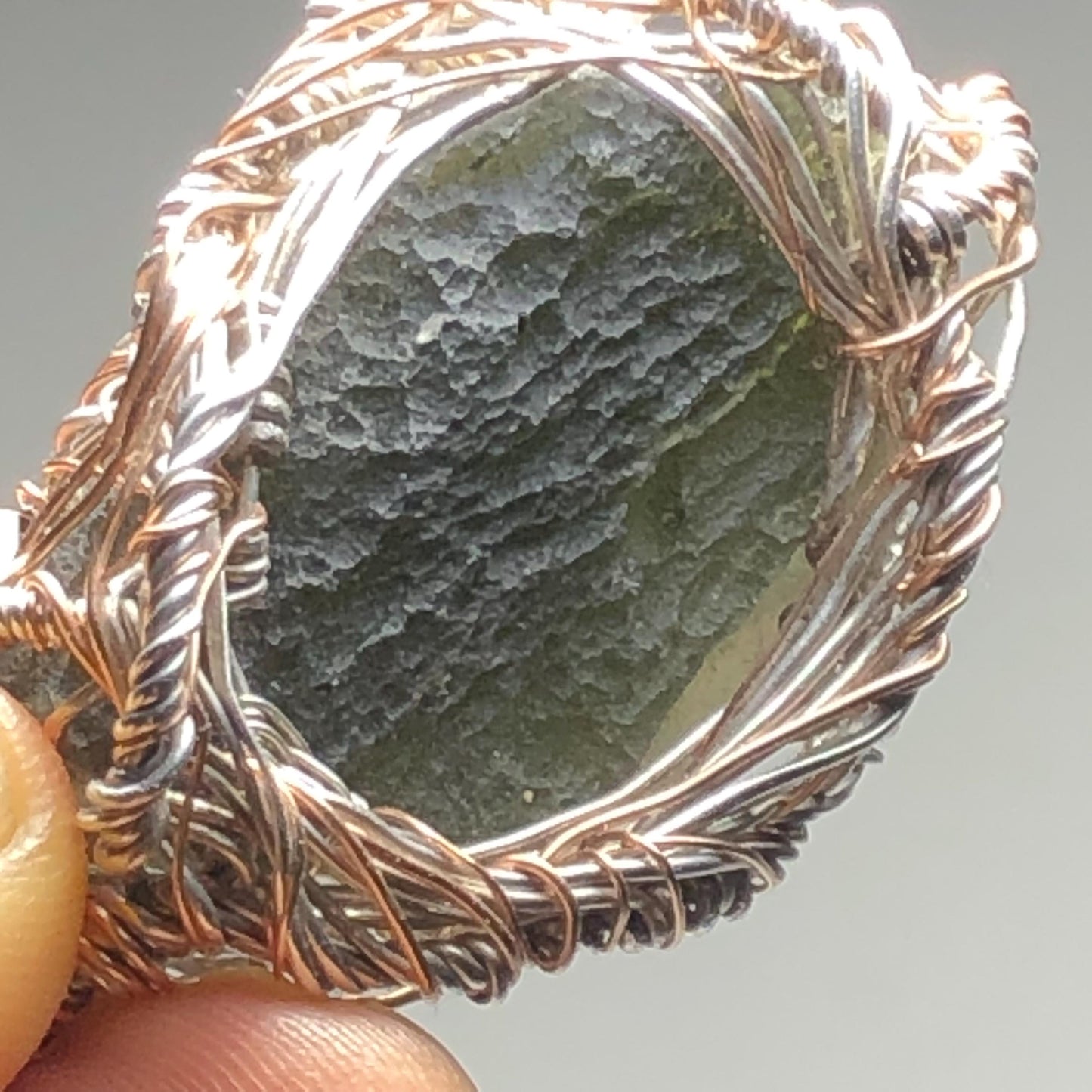 GIANT MOLDAVITE, Silver and Rose Gold Pendant (14g Tektite Meteorite with certificate)
