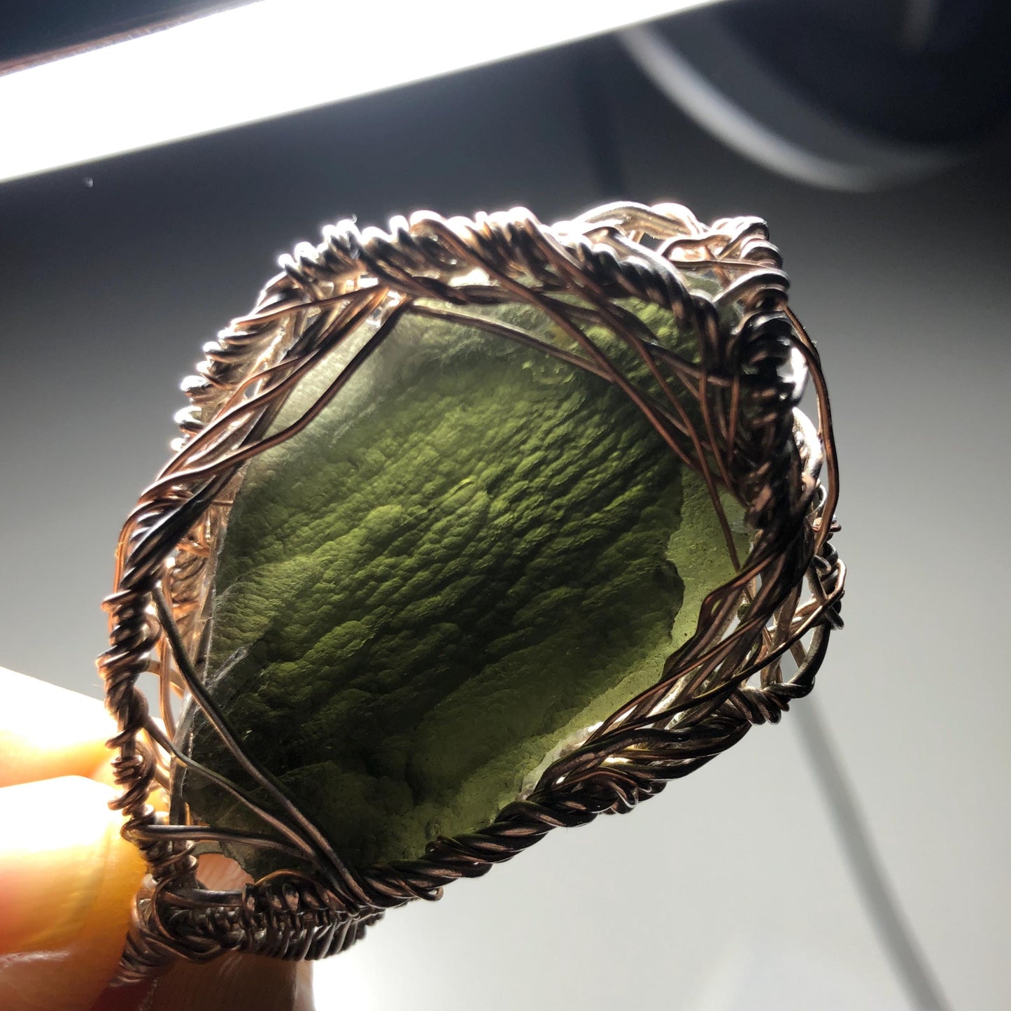 GIANT MOLDAVITE, Silver and Rose Gold Pendant (14g Tektite Meteorite with certificate)