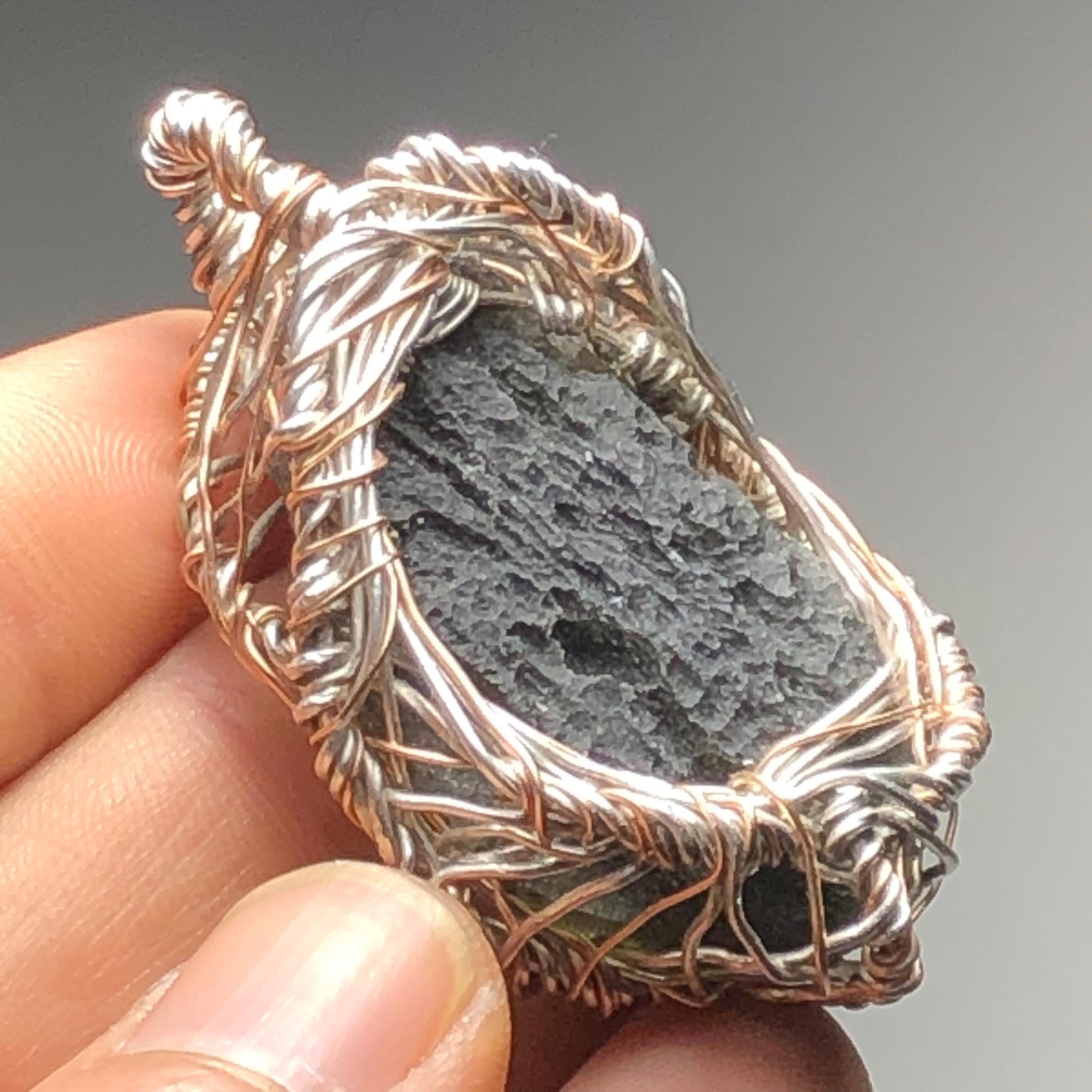 GIANT MOLDAVITE, Silver and Rose Gold Pendant (14g Tektite Meteorite with certificate)