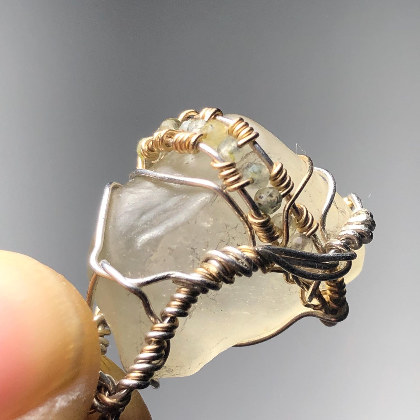 Libyan Desert Glass and faceted Prehenite  Solid 925 Silver Pendant on Sterling Chain