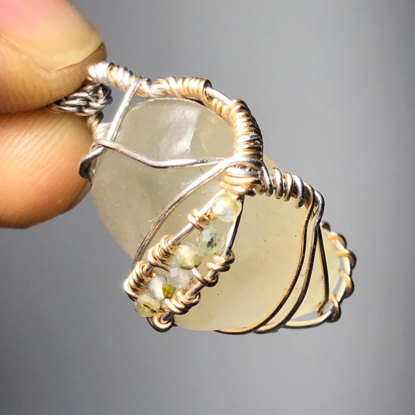 Libyan Desert Glass and faceted Prehenite  Solid 925 Silver Pendant on Sterling Chain