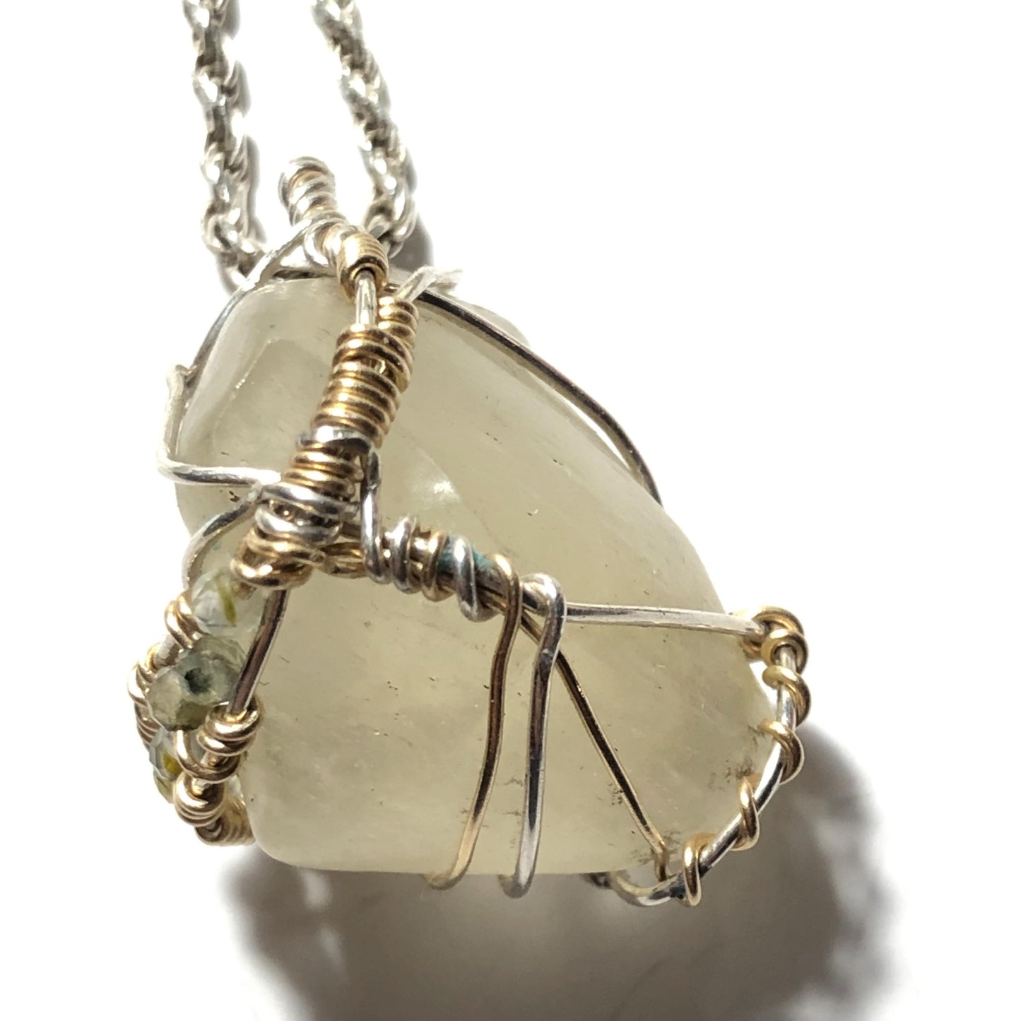 Libyan Desert Glass and faceted Prehenite  Solid 925 Silver Pendant on Sterling Chain