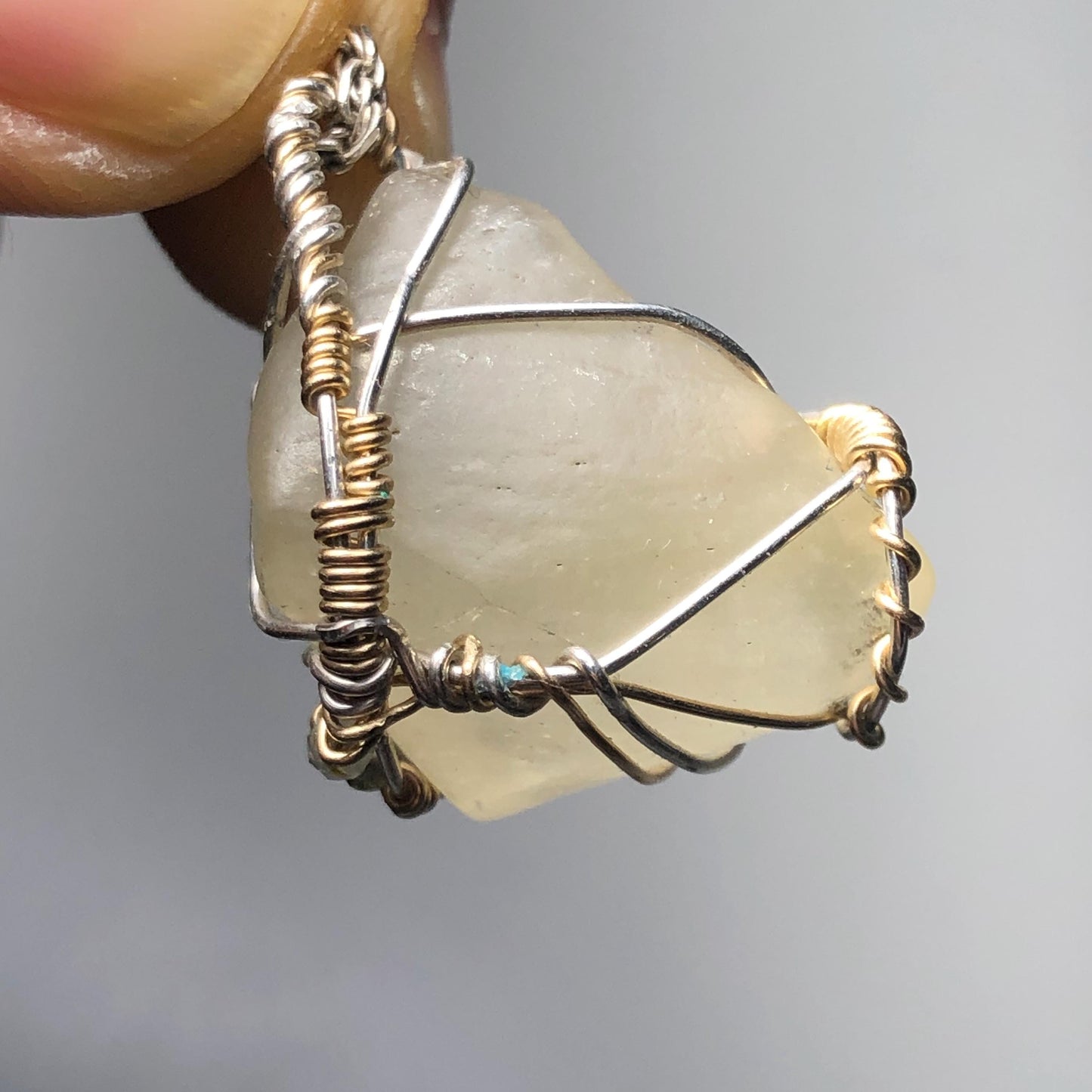 Libyan Desert Glass and faceted Prehenite  Solid 925 Silver Pendant on Sterling Chain