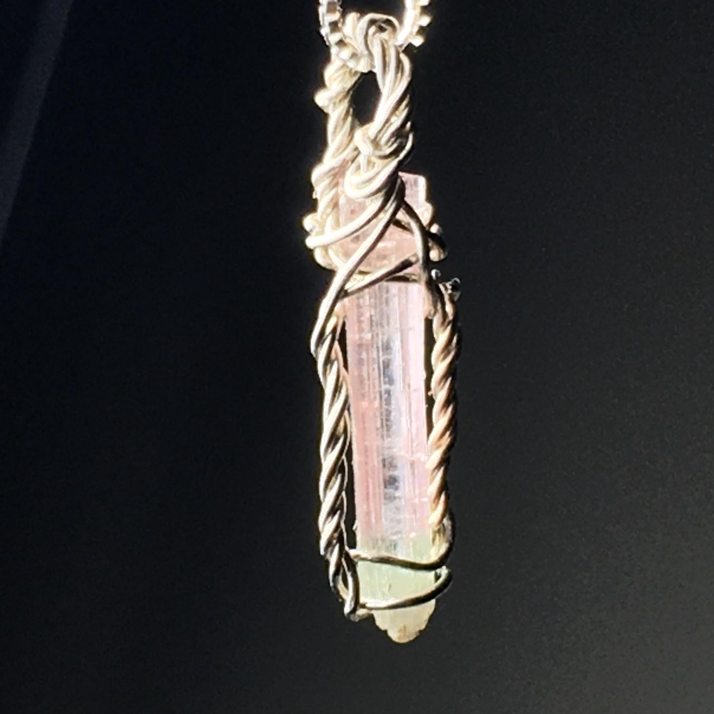 Bi-Color Tourmaline Faceted Wire Wrap Solid Silver Pendant and chain