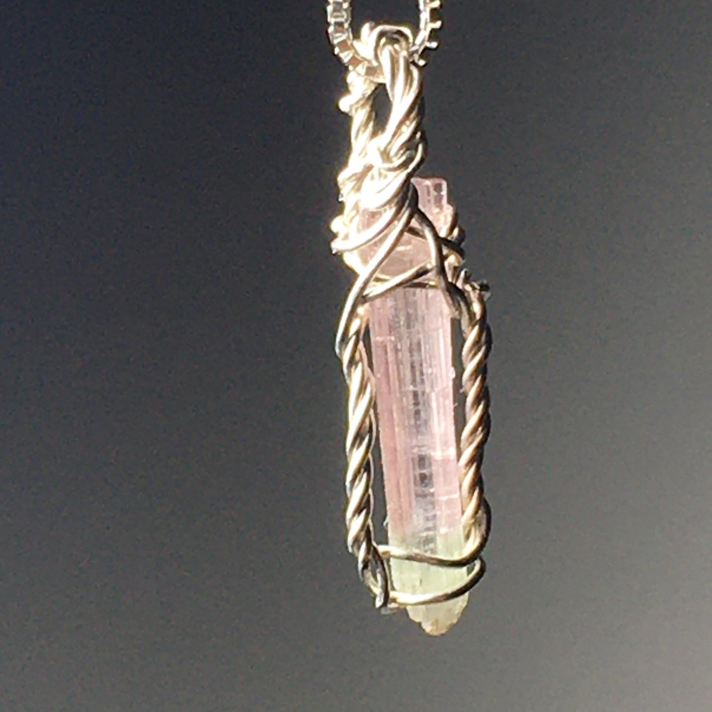 Bi-Color Tourmaline Faceted Wire Wrap Solid Silver Pendant and chain