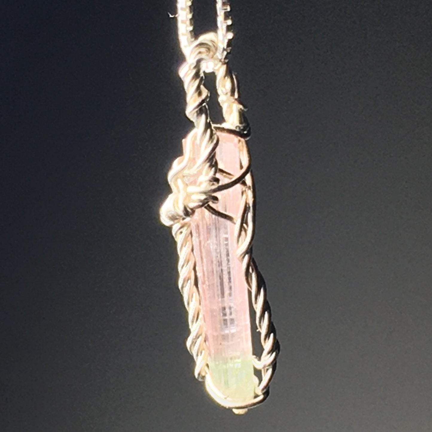 Bi-Color Tourmaline Faceted Wire Wrap Solid Silver Pendant and chain